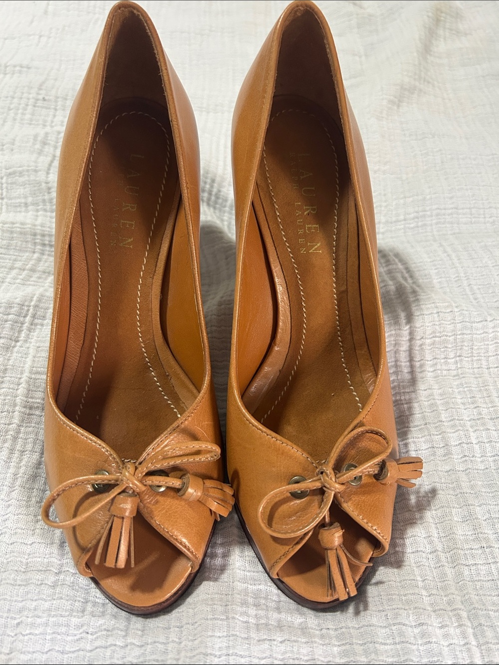 Lauren Ralph Lauren Tan Leather Peep-Toe Pumps with Bow & Tassels. Equestrian